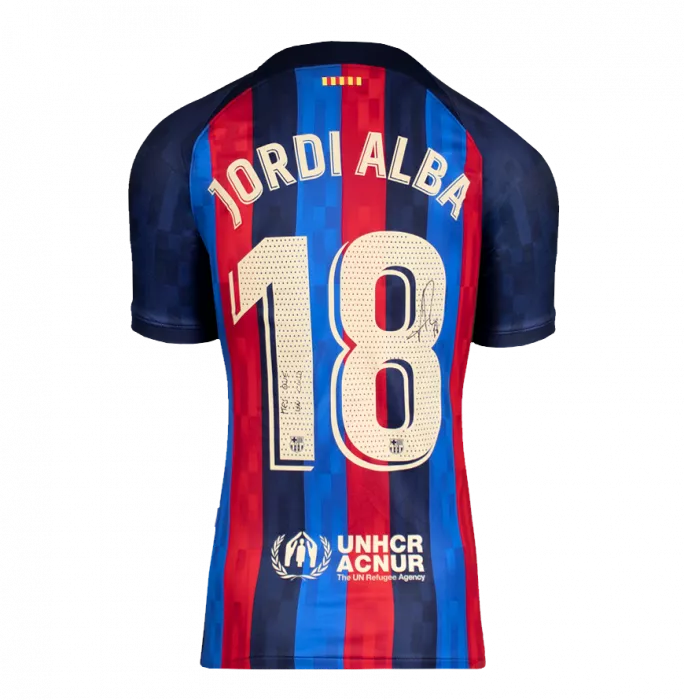 Jordi Alba Back Signed FC Barcelona 2022-23 Home Shirt Inscription - Mes Que En Club In Hero Frame: Option 1