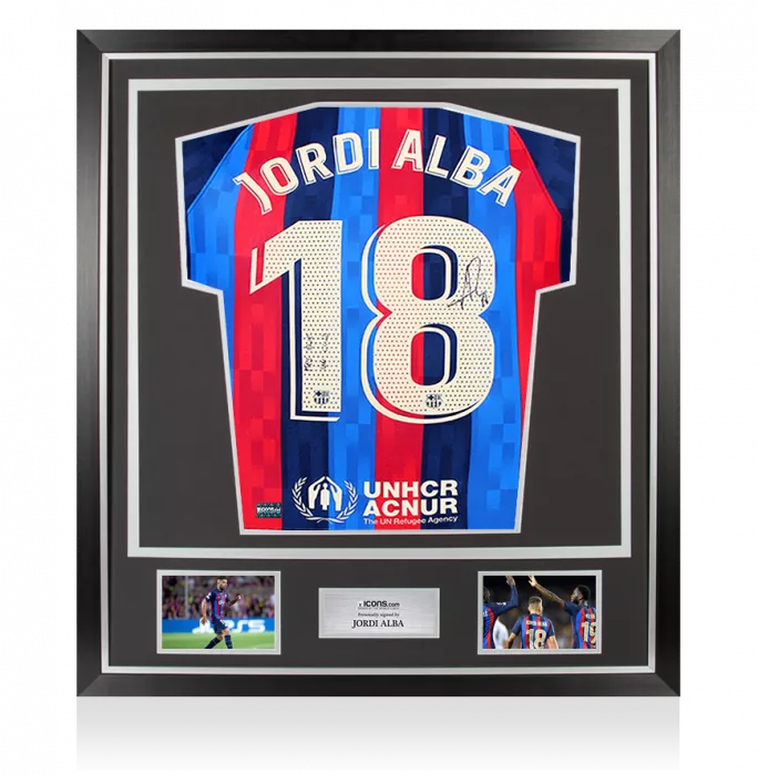 Jordi Alba Back Signed FC Barcelona 2022-23 Home Shirt Inscription - Mes Que En Club In Classic Frame