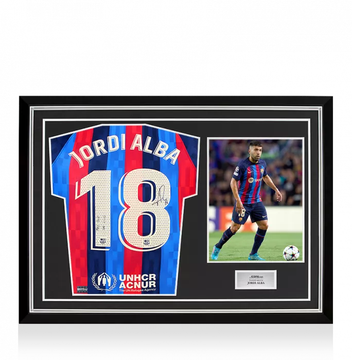 Jordi Alba Back Signed FC Barcelona 2022-23 Home Shirt Inscription - Mes Que En Club In Hero Frame: Option 1