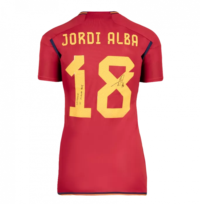 Jordi Alba Back Signed Spain 2022 Home Shirt Inscription - Campeones De Europa 2012 In Classic Frame