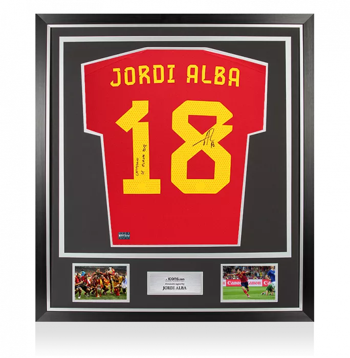 Jordi Alba Back Signed Spain 2022 Home Shirt Inscription - Campeones De Europa 2012 In Classic Frame