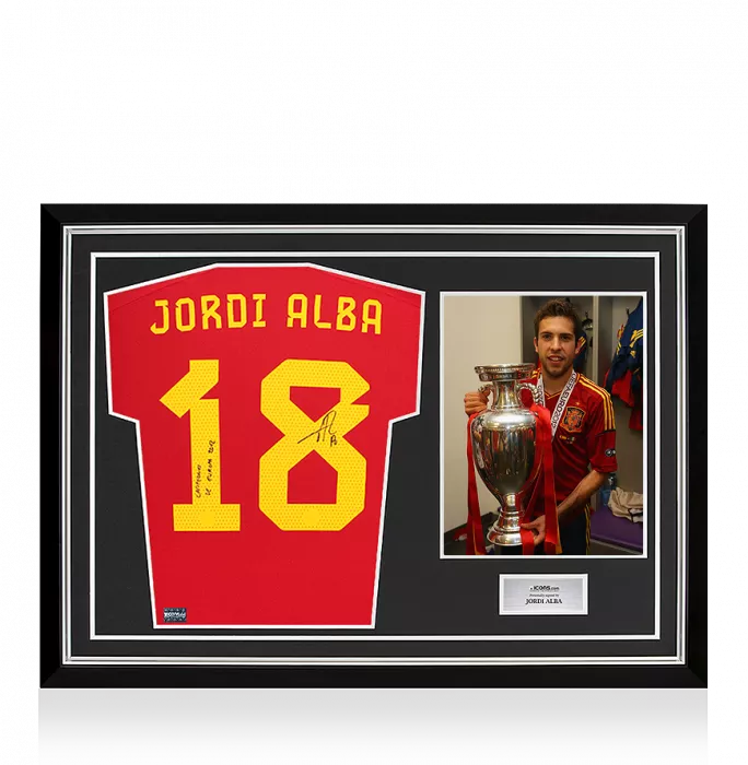 Jordi Alba Back Signed Spain 2022 Home Shirt Inscription - Campeones De Europa 2012 In Hero Frame: Option 1