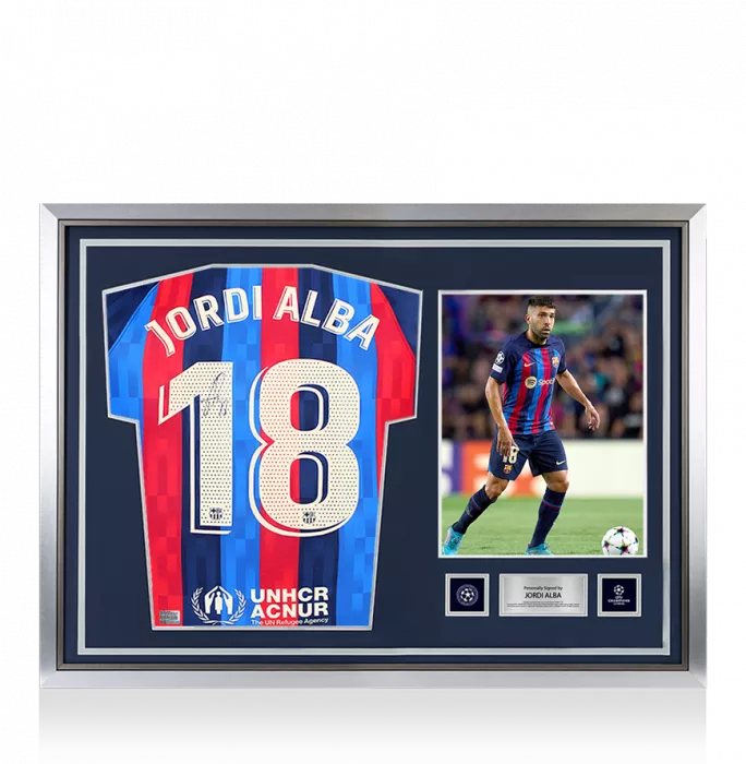 Jordi Alba Official UEFA Champions League Back Signed and Hero Framed FC Barcelona 2022-23 Home Shirt
