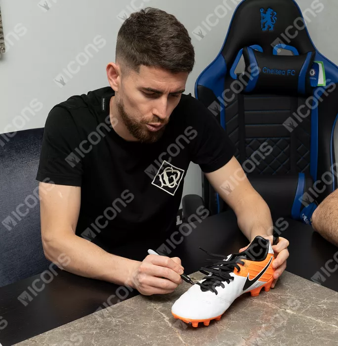 Jorginho Signed White And Orange Nike Tiempo Boot In Acrylic Case