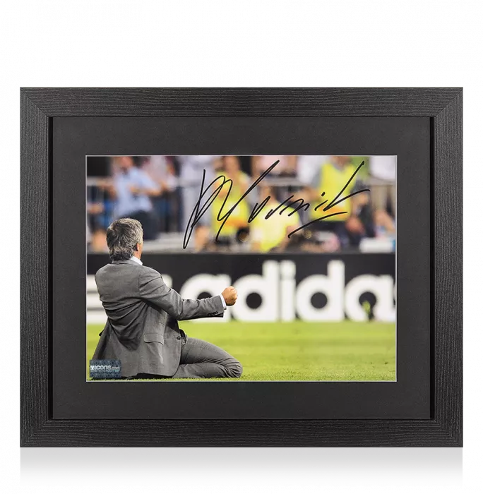 Jose Mourinho Signed Photo In Black Wooden Frame: UEFA Champions League Kneeslide Celebration