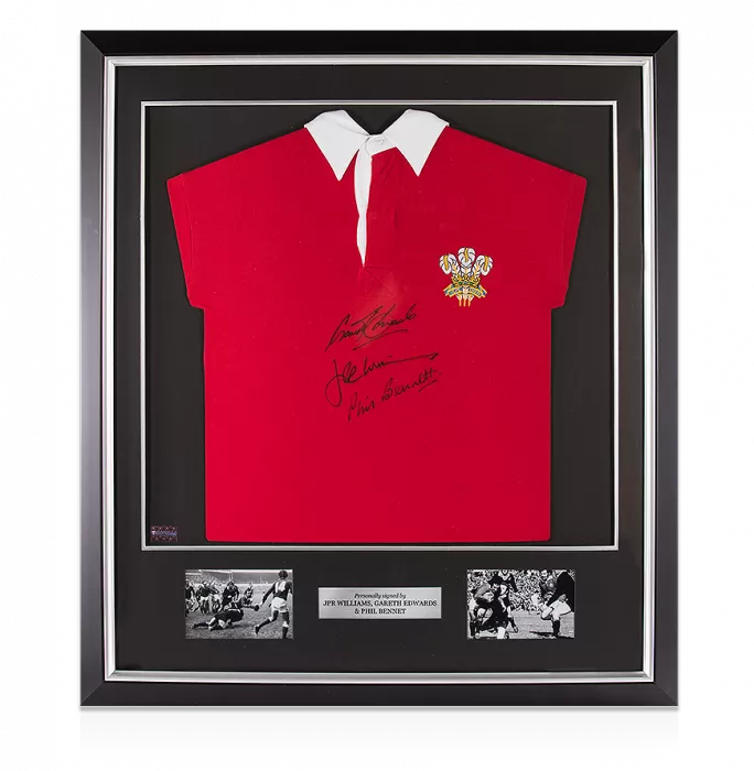 JPR Williams Gareth Edwards & Phil Bennett Signed And Framed Wales Rugby Shirt