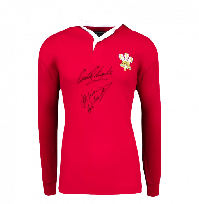 JPR Williams Gareth Edwards & Phil Bennett Signed Wales Rugby Shirt In Hero Frame: Option 1