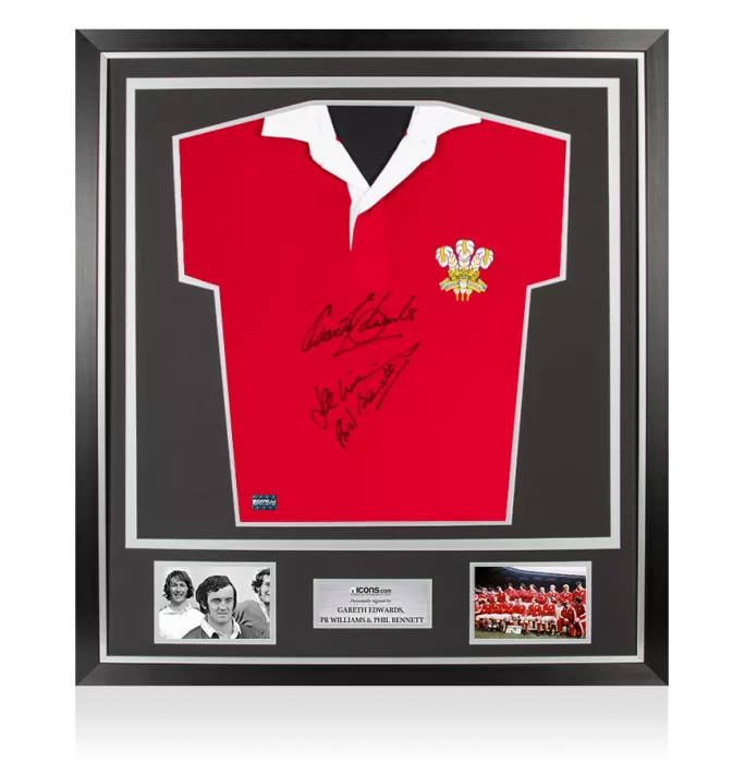JPR Williams Gareth Edwards & Phil Bennett Signed Wales Rugby Shirt In Classic Frame