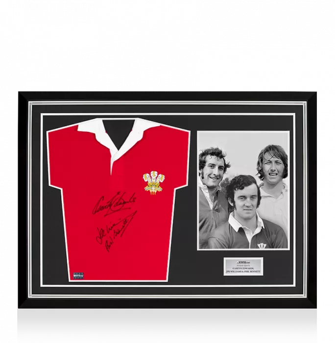 JPR Williams Gareth Edwards & Phil Bennett Signed Wales Rugby Shirt In Hero Frame: Option 1