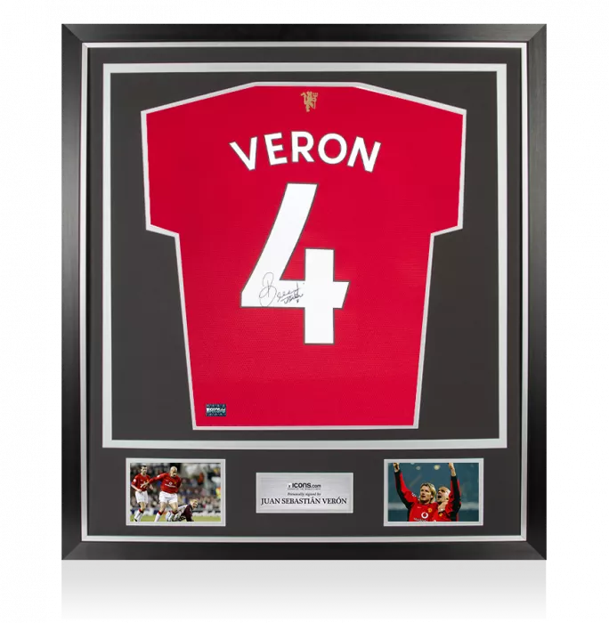 Juan Sebastian Veron Signed Modern Manchester United Home Shirt with Fan Style Numbers In Classic Frame