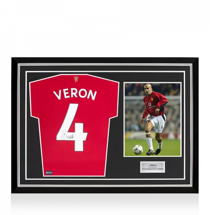 Juan Sebastian Veron Signed Modern Manchester United Home Shirt with Fan Style Numbers In Hero Frame: Option 1