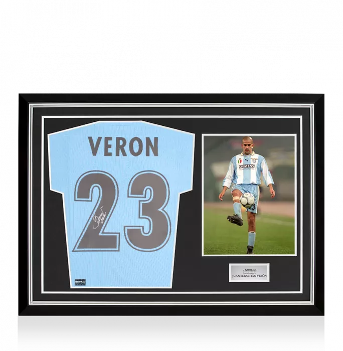 Juan Sebastian Veron Signed Modern SS Lazio Home Shirt with Fan Style Numbers In Hero Frame: Option 1