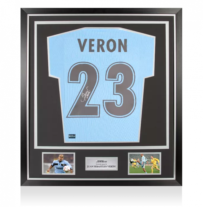 Juan Sebastian Veron Signed Modern SS Lazio Home Shirt with Fan Style Numbers In Classic Frame