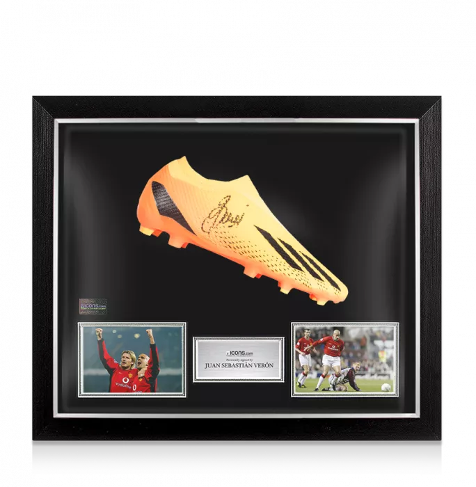 Juan Sebastian Veron Signed Orange Adidas Boot In Bubble Frame: Option 1