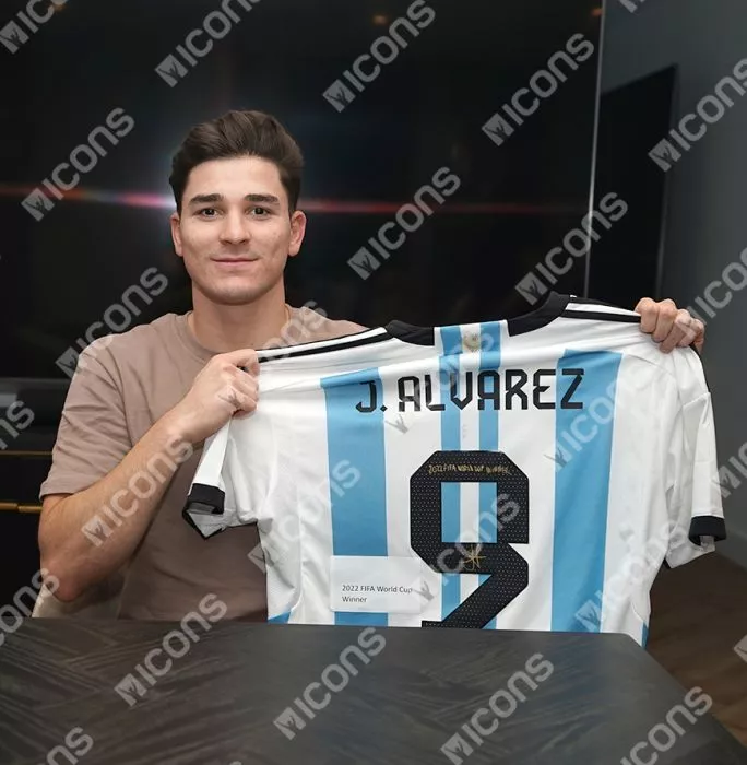 Julian Alvarez Back Signed Argentina 2022 Home Shirt - "2022 FIFA World Cup Winner" Inscription In Classic Frame