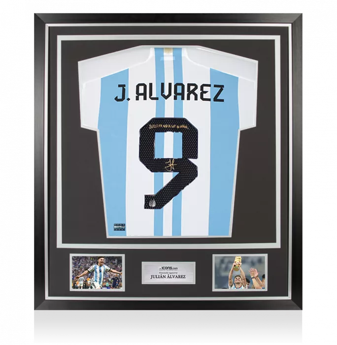Julian Alvarez Back Signed Argentina 2022 Home Shirt - "2022 FIFA World Cup Winner" Inscription In Classic Frame