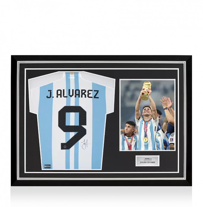Julian Alvarez Back Signed Argentina 2022 Home Shirt In Hero Frame: Option 1