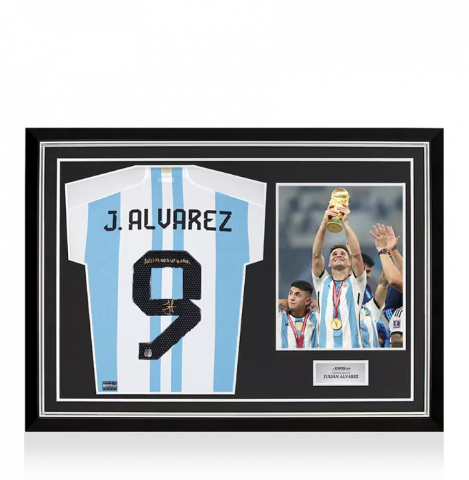 Julian Alvarez Back Signed Argentina 2022 Home Shirt - "2022 FIFA World Cup Winner" Inscription In Hero Frame: Option 1