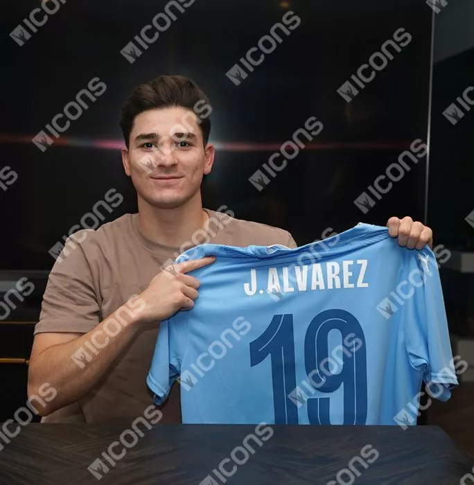 Julian Alvarez Back Signed Manchester City 2023-24 Home Shirt In Hero Frame: Option 1