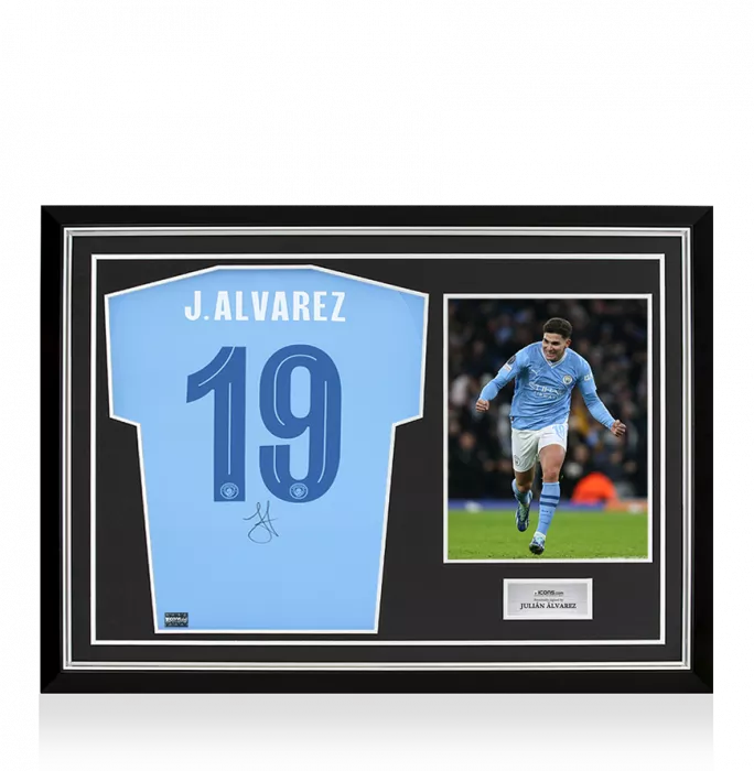 Julian Alvarez Back Signed Manchester City 2023-24 Home Shirt In Hero Frame: Option 1
