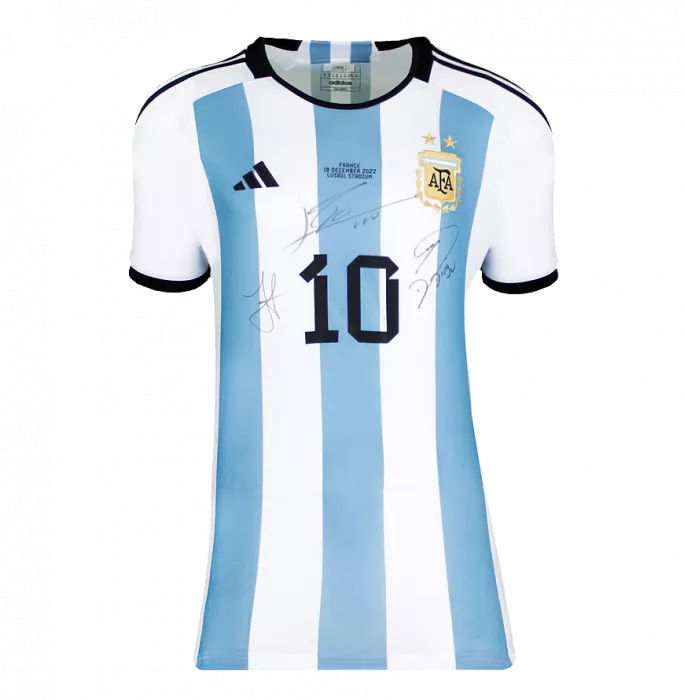 Julian Alvarez Emiliano Martinez & Lionel Messi Official 2022 FIFA World Cup™ Front Signed And Framed Argentina 2022 Home Shirt