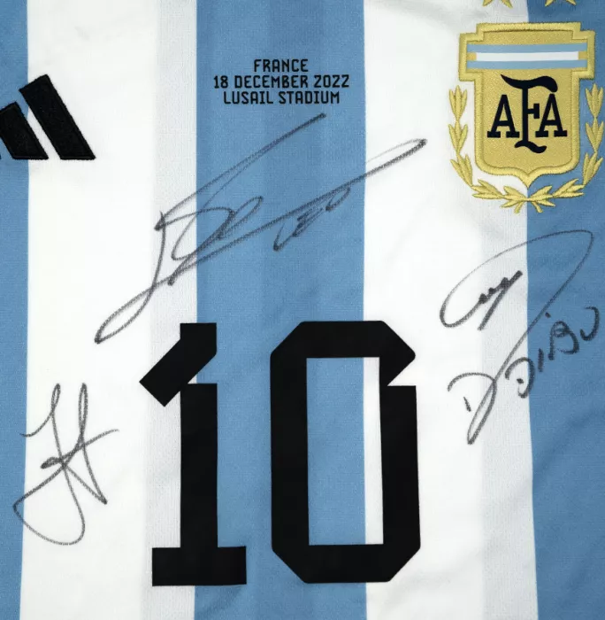Julian Alvarez Emiliano Martinez & Lionel Messi Official 2022 FIFA World Cup™ Front Signed And Framed Argentina 2022 Home Shirt