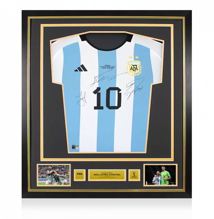 Julian Alvarez Emiliano Martinez & Lionel Messi Official 2022 FIFA World Cup™ Front Signed and Framed Argentina 2022 Home Shirt