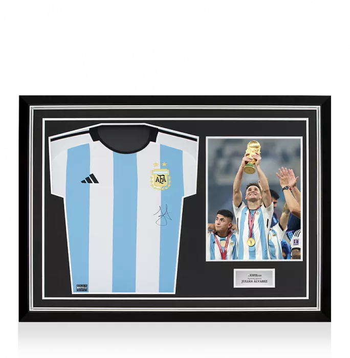 Julian Alvarez Front Signed Argentina 2022 Home Shirt In Hero Frame: Option 1