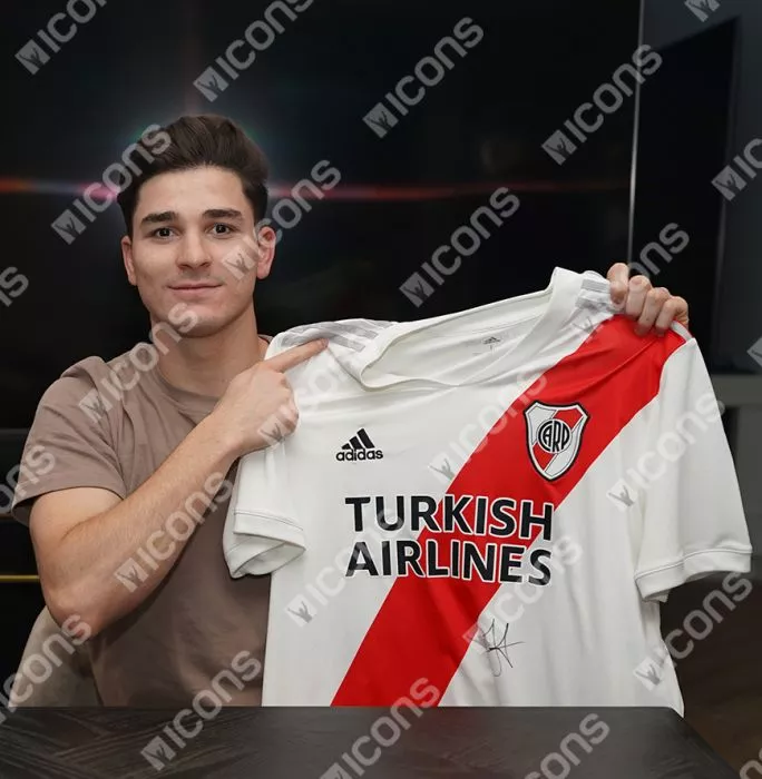 Julian Alvarez Front Signed River Plate 2020-21 Home Shirt In Hero Frame: Option 1