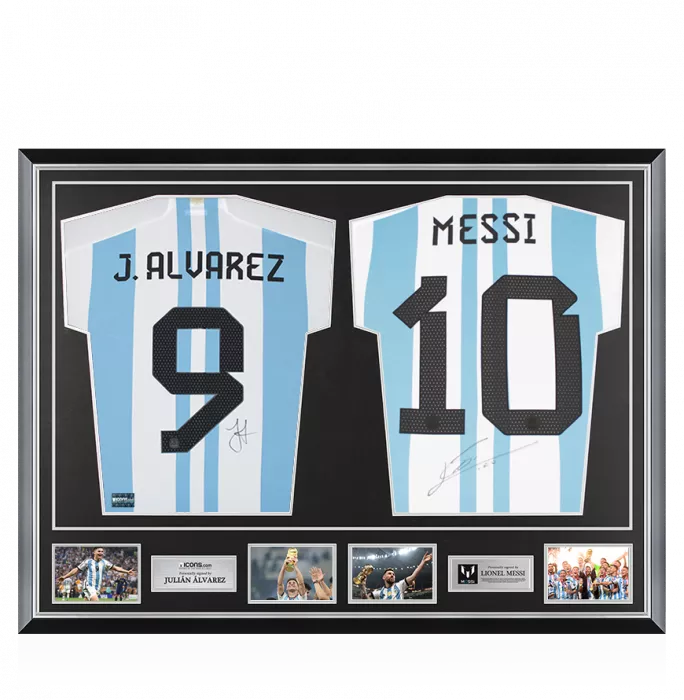 Julian Alvarez & Lionel Messi Signed Argentina Home Shirts In Classic Dual Frame