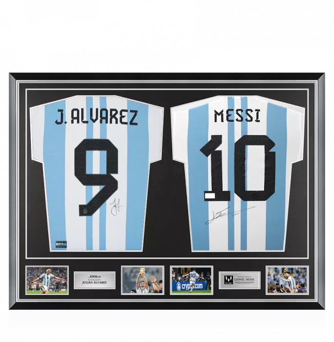 Julian Alvarez & Lionel Messi Signed Argentina Shirts In Classic Dual Frame