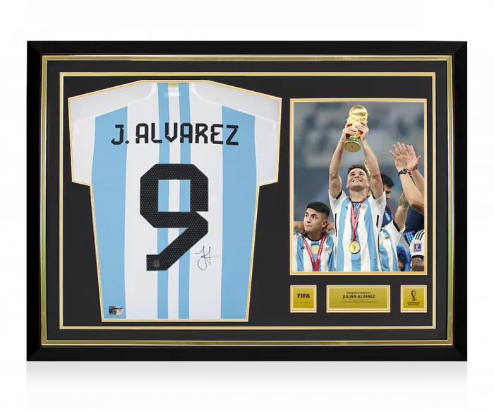 Julian Alvarez Official 2022 FIFA World Cup™ Back Signed and Hero Framed Argentina 2022 Home Shirt