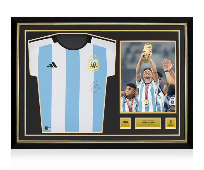 Julian Alvarez Official 2022 FIFA World Cup™ Front Signed and Hero Framed Argentina 2022 Home Shirt