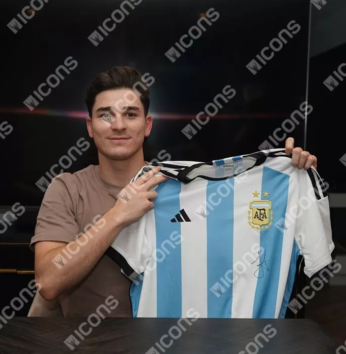 Julian Alvarez Official 2026 FIFA World Cup™ Front Signed And Hero Framed Argentina 2022 Home Shirt
