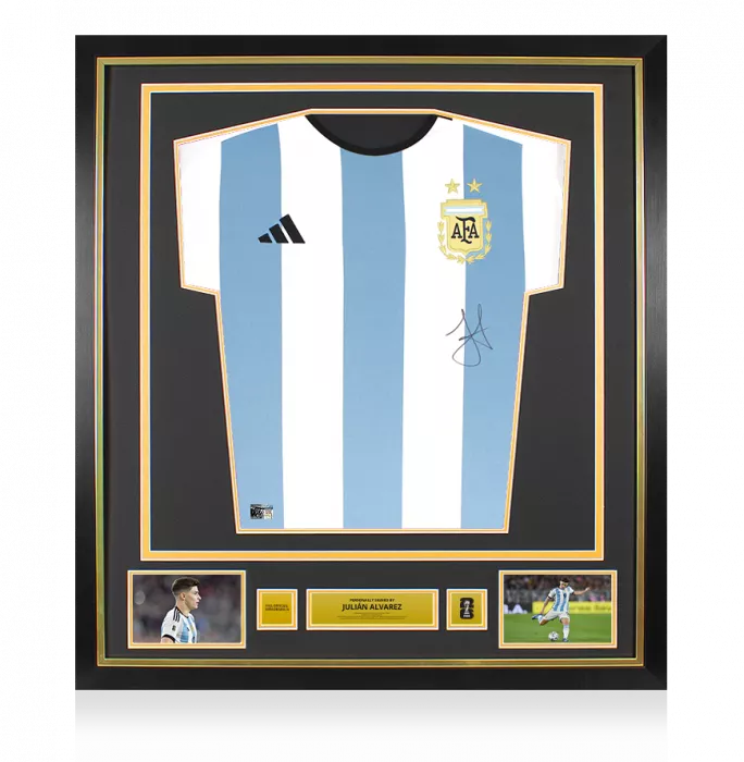 Julian Alvarez Official 2026 FIFA World Cup™ Front Signed and Framed Argentina 2022 Home Shirt