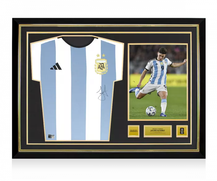Julian Alvarez Official 2026 FIFA World Cup™ Front Signed and Hero Framed Argentina 2022 Home Shirt