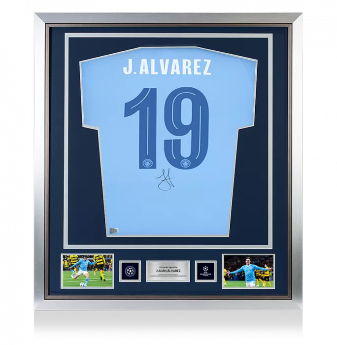 Julian Alvarez Official UEFA Champions League Back Signed and Framed Manchester City 2023-24 Home Shirt
