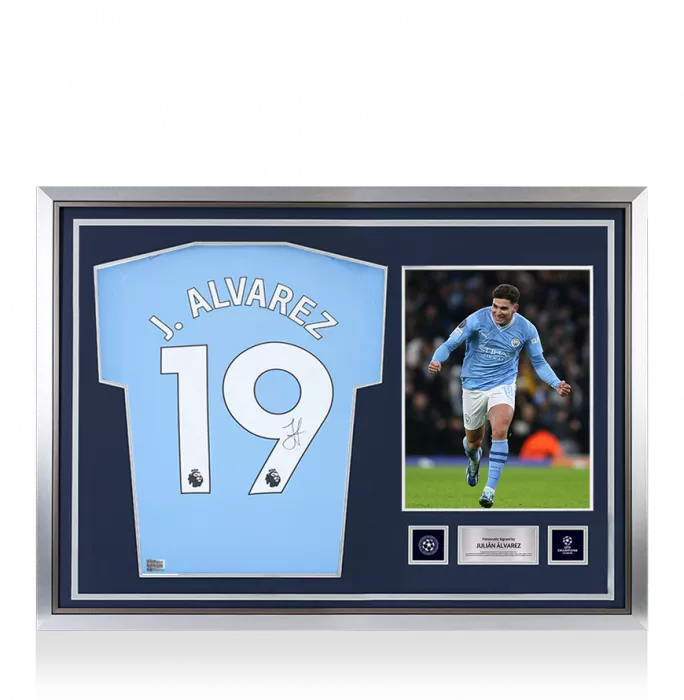 Julian Alvarez Official UEFA Champions League Back Signed and Hero Framed Manchester City 2023-24 Home Shirt