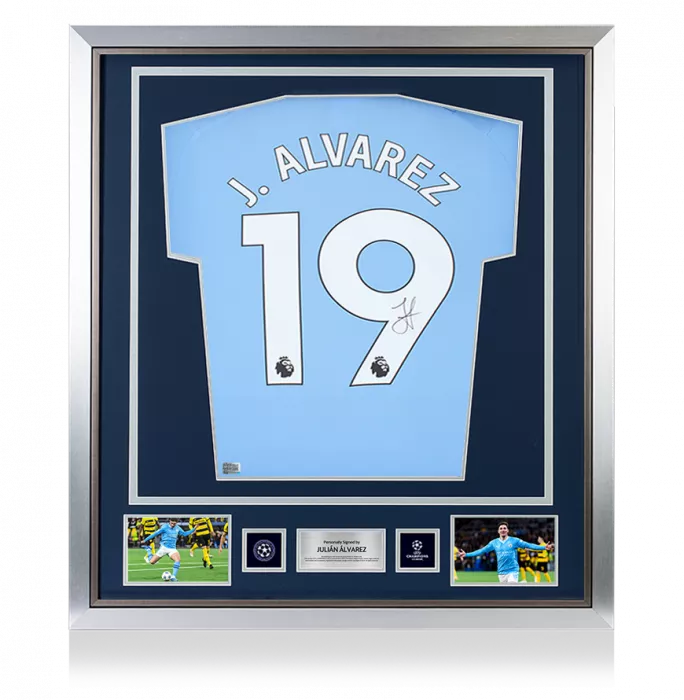 Julian Alvarez Official UEFA Champions League Back Signed and Framed Manchester City 2023-24 Home Shirt
