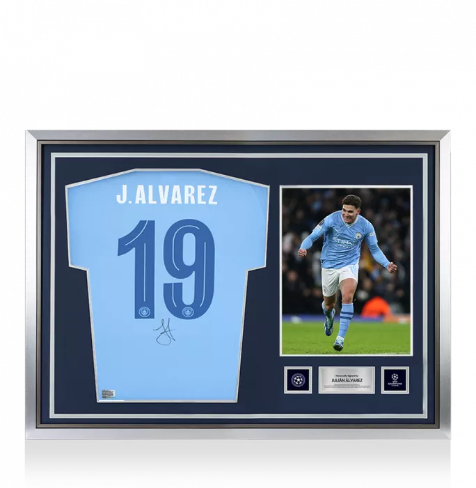 Julian Alvarez Official UEFA Champions League Back Signed and Hero Framed Manchester City 2023-24 Home Shirt