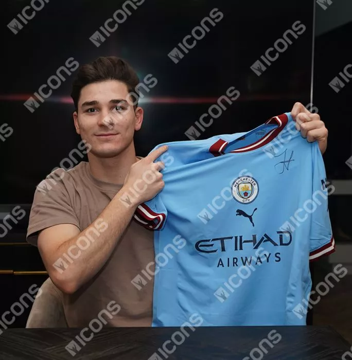 Julian Alvarez Official UEFA Champions League Front Signed And Hero Framed Manchester City 2022-23 Home Shirt