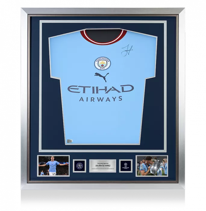 Julian Alvarez Official UEFA Champions League Front Signed and Framed Manchester City 2022-23 Home Shirt