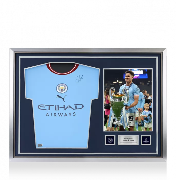 Julian Alvarez Official UEFA Champions League Front Signed and Hero Framed Manchester City 2022-23 Home Shirt