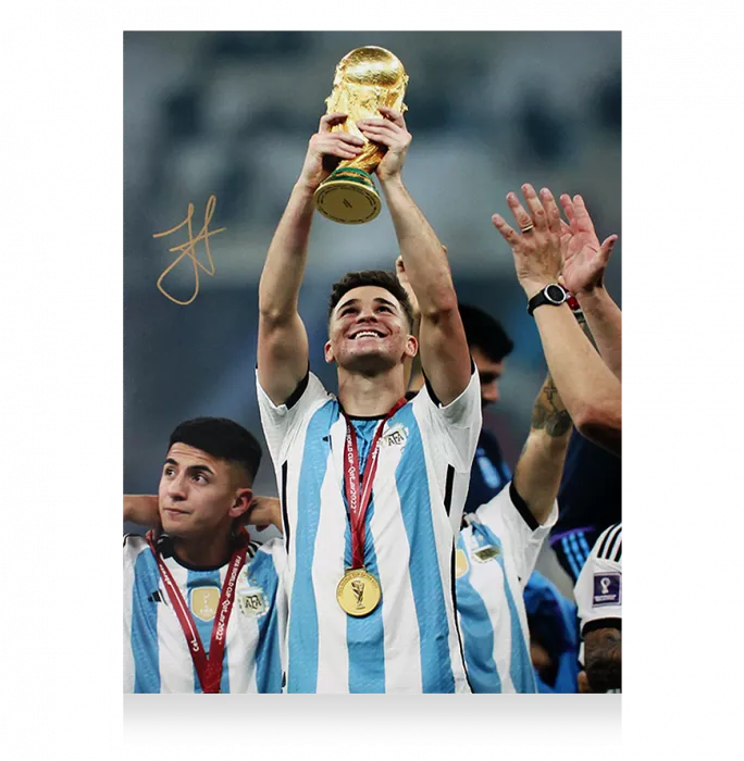 Julian Alvarez Signed Argentina Photo In Black Wooden Frame: 2022 FIFA World Cup Winner Photo