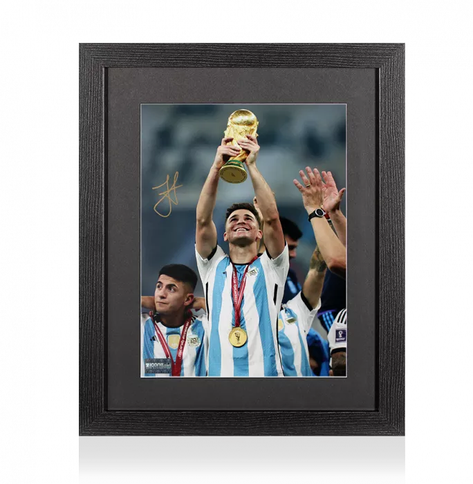 Julian Alvarez Signed Argentina Photo In Black Wooden Frame: 2022 FIFA World Cup Winner Photo