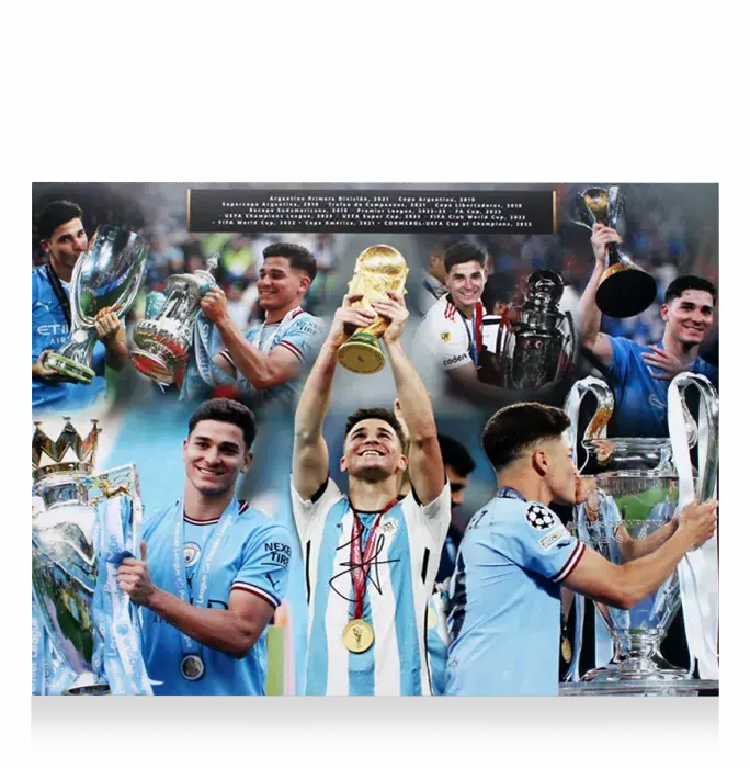 Julian Alvarez Signed Montage Print In Black Wooden Frame: Career Honours