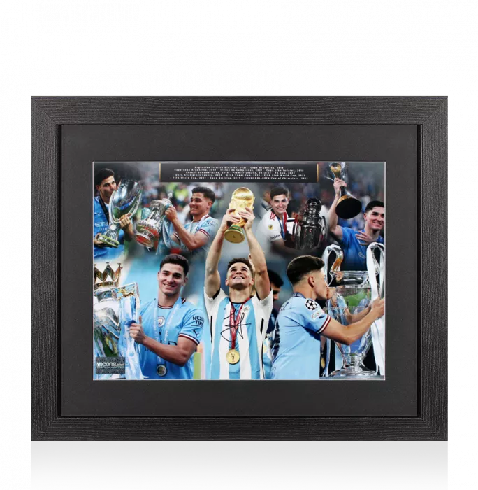 Julian Alvarez Signed Montage Print In Black Wooden Frame: Career Honours