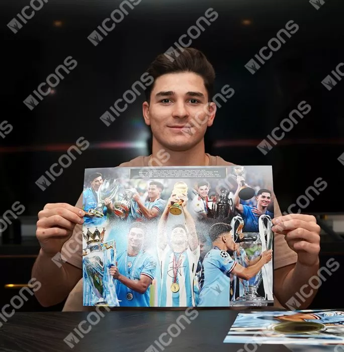 Julian Alvarez Signed Montage Print In Premium Photo Frame: Career Honours