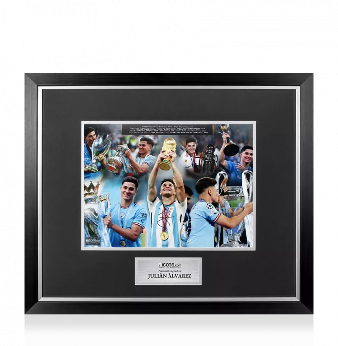 Julian Alvarez Signed Montage Print In Premium Photo Frame: Career Honours