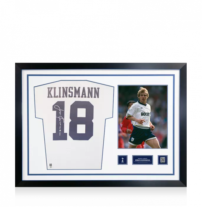 Jurgen Klinsmann Official Tottenham Hotspur Signed and Framed Retro Home Shirt